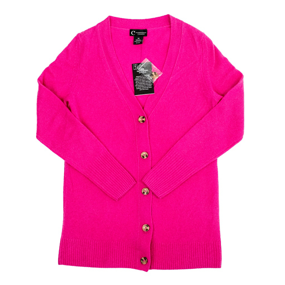 NWT C by Bloomingdale's 100% Cashmere Grandfather Cardigan Pink Cherry $188